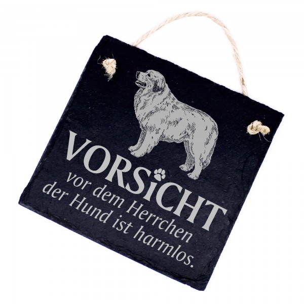 Hundeschild Pyrenaeenberghund Schild aus Schiefer - Vorsicht vor dem Herrchen - 11cm x 11cm