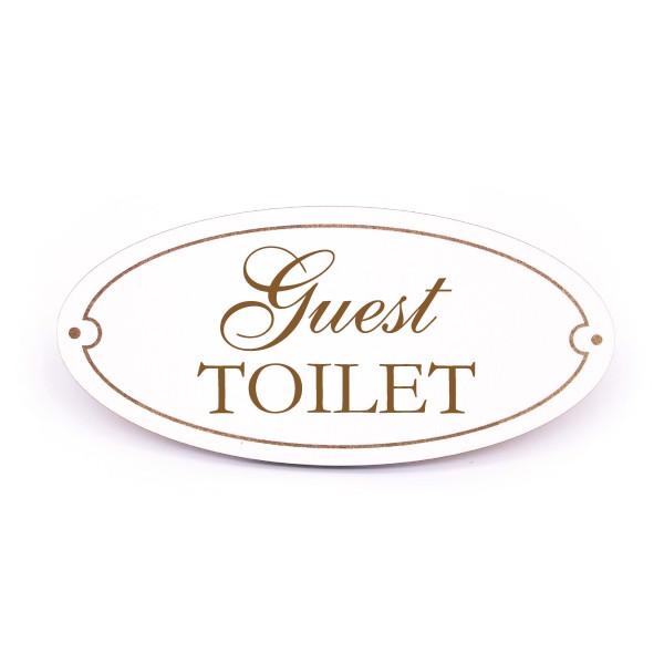 Guest Toilet Schild Holz weiß graviert oval selbstklebend Türschild englisch Gästetoilette 15 x 7 cm