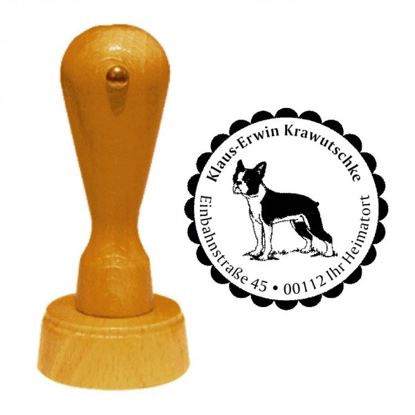 Adressstempel Boston Terrier - Holzstempel personalisiert mit Adresse - Ø 40 mm