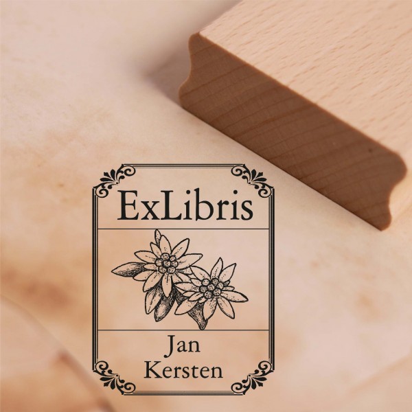 Ex Libris Stempel Edelweiß mit Name - Vintage Rahmen - Exlibris Motivstempel 38 x 48 mm