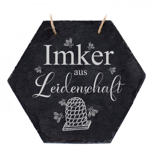 Imker Schild aus Schiefer Bienen Deko - Imker aus Leidenschaft - Sechseck 18 x 16 cm