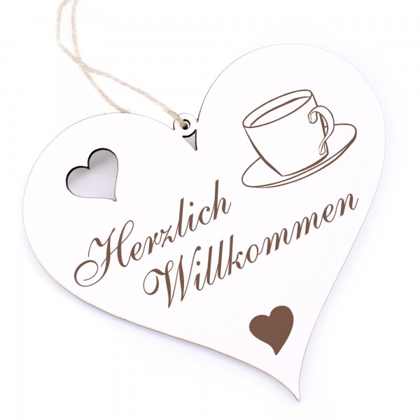 Herzlich Willkommen Schild - Kaffeetasse - Deko Herz Holz