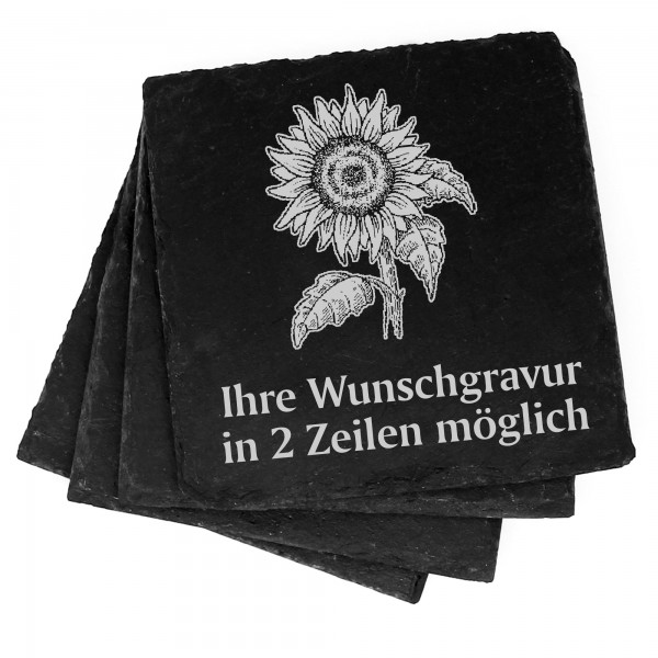 4x Sonnenblume Deko Schiefer Untersetzer Wunschgravur Set - 11 x 11 cm