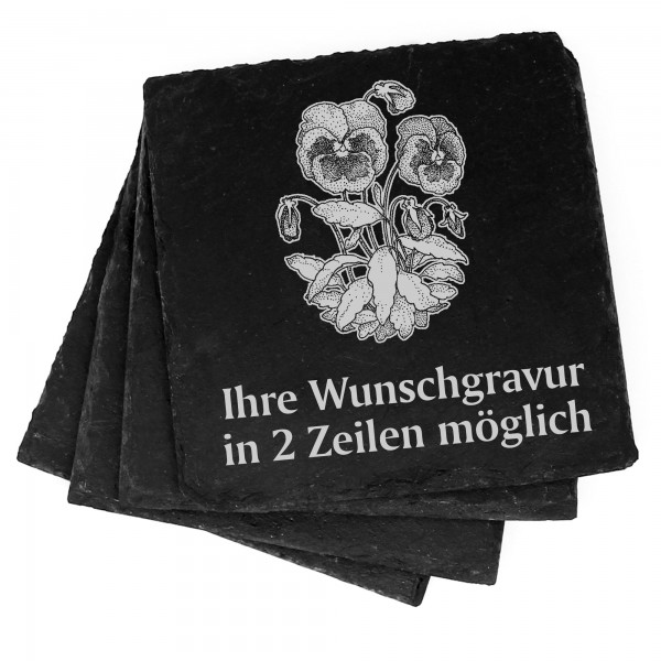 4x Stiefmütterchen Deko Schiefer Untersetzer Wunschgravur Set - 11 x 11 cm