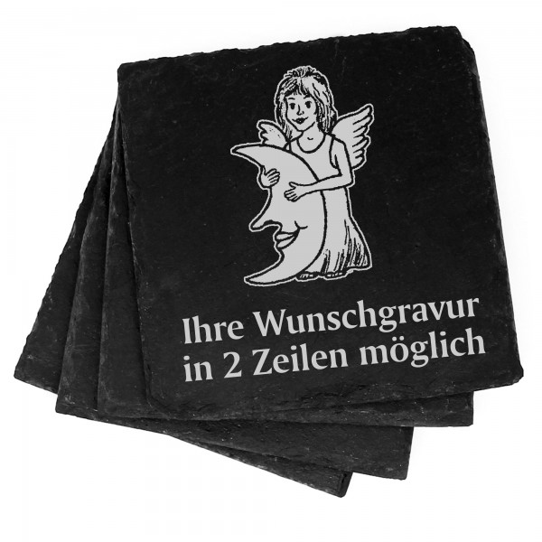 4x Elfe mit Mond Deko Schiefer Untersetzer Wunschgravur Set - 11 x 11 cm