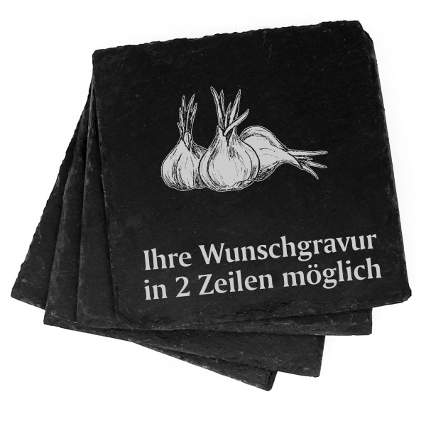 4x Knoblauch drei Zehen Deko Schiefer Untersetzer Wunschgravur Set - 11 x 11 cm