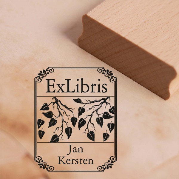 Ex Libris Stempel Blätter mit Name - Vintage Rahmen - Exlibris Motivstempel 38 x 48 mm