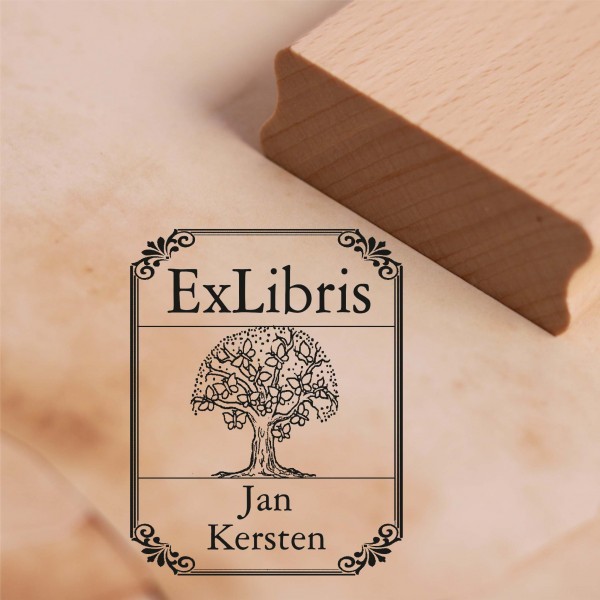 Ex Libris Stempel Baum mit Name - Vintage Rahmen - Exlibris Motivstempel 38 x 48 mm