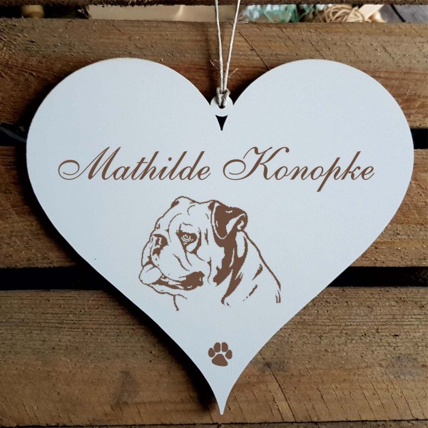 Herz Schild « Englische Bulldogge » mit Namen - Türschild zum Anhängen