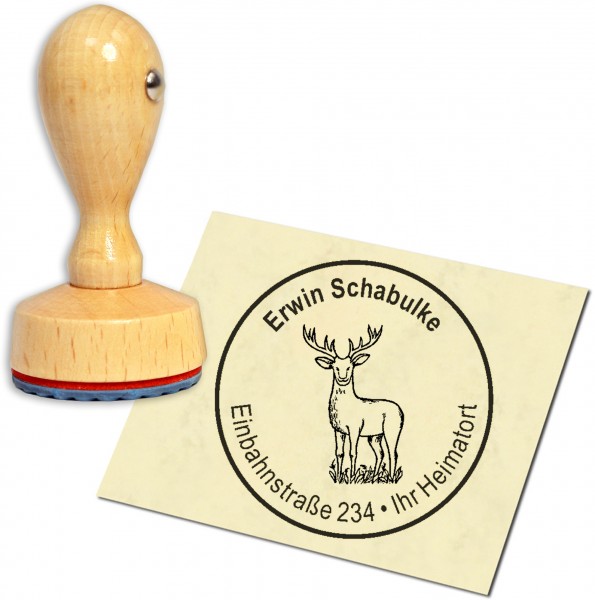 Stempel Adressstempel Holzstempel - gezeichneter Hirsch - rund 40mm