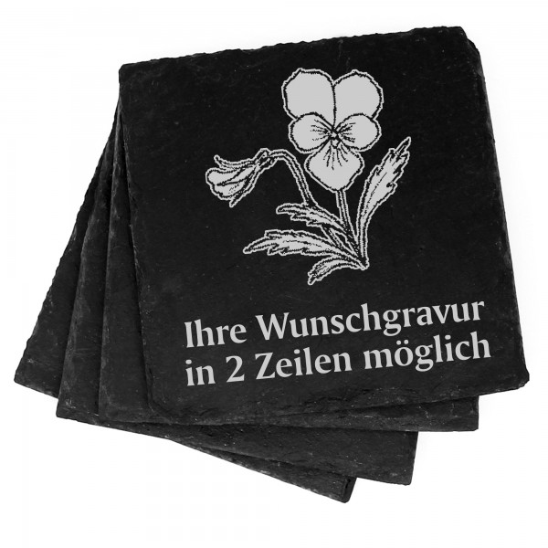 4x Wildes Stiefmütterchen Deko Schiefer Untersetzer Wunschgravur Set - 11 x 11 cm