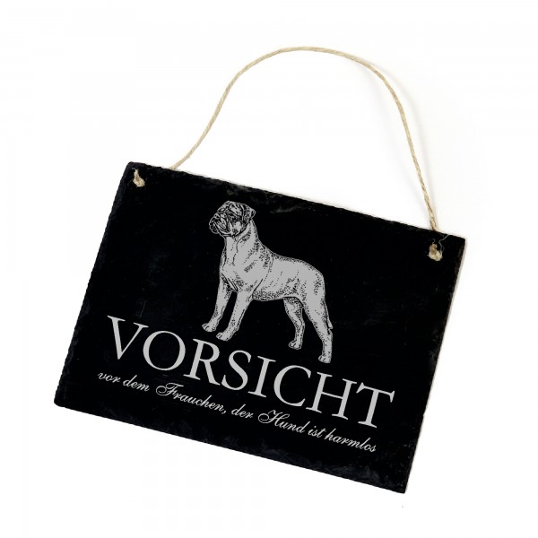 Hundeschild Bullmastiff Schild aus Schiefer - Vorsicht vor dem Frauchen - 22cm x 16cm