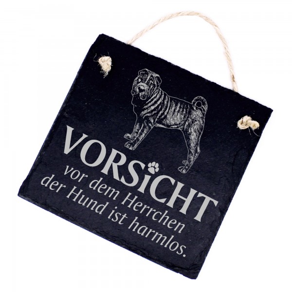 Hundeschild Shar Pei Faltenhund Schild aus Schiefer - Vorsicht vor dem Herrchen - 11cm x 11cm