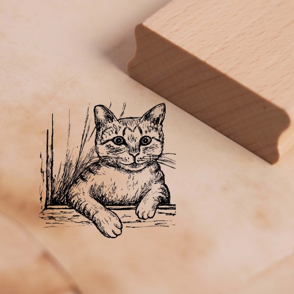 Motivstempel Niedliche Katze guckt aus dem Fenster - Stempel Holzstempel 48 x 48 mm