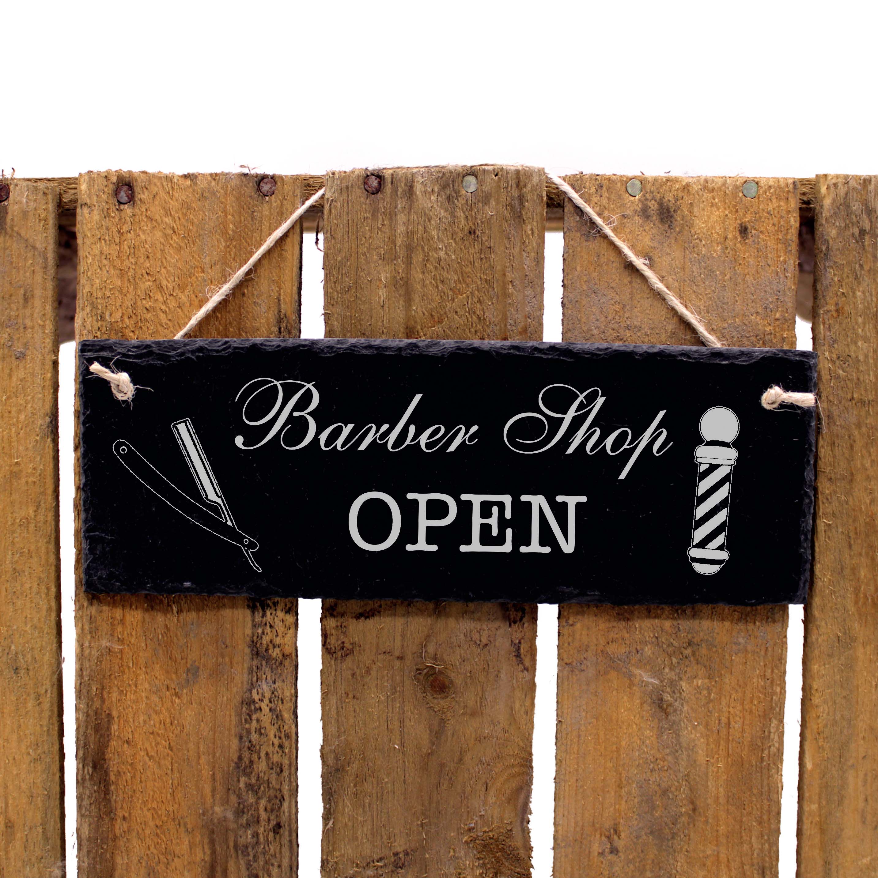 Barber Shop OPEN Barbier Türschild 22x8cm ✔️ Schild Schiefertafel mit Gravur