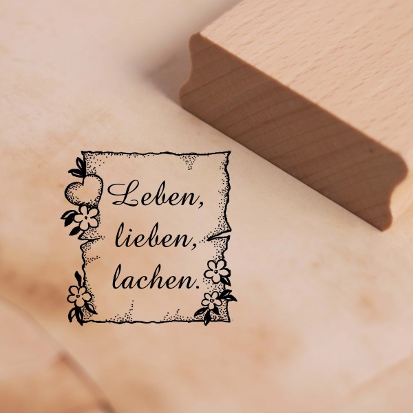 Motivstempel Leben, Lieben, Lachen - Brief Herz Blumen Stempel Holzstempel 48 x 48 mm