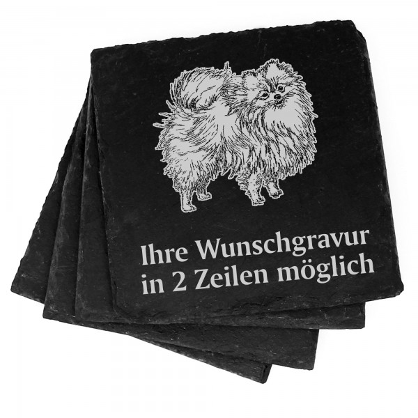 4x Zwergspitz Pomeranian Deko Schiefer Untersetzer Wunschgravur Set - 11 x 11 cm