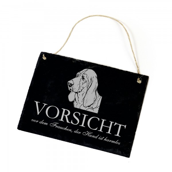 Hundeschild Basset Hound Schild aus Schiefer - Vorsicht vor dem Frauchen - 22cm x 16cm
