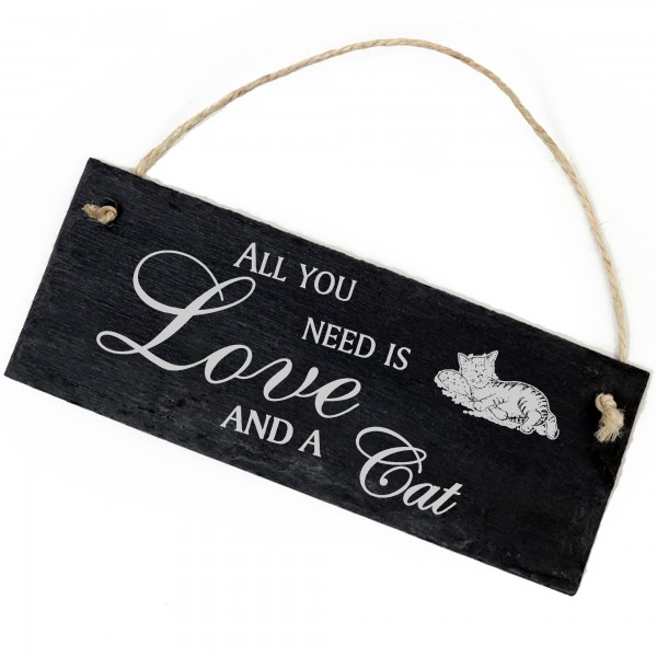 Schiefertafel Deko niedliche Katze auf Kissen Schild 22 x 8 cm - All you need is Love and a Cat