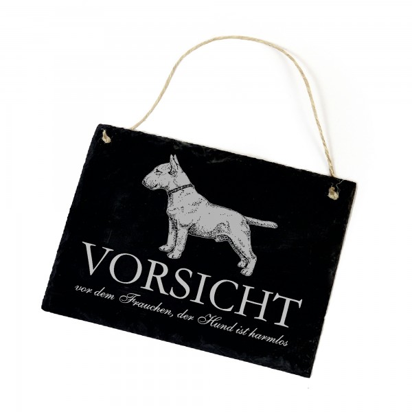 Hundeschild Bullterrier Schild aus Schiefer - Vorsicht vor dem Frauchen - 22cm x 16cm