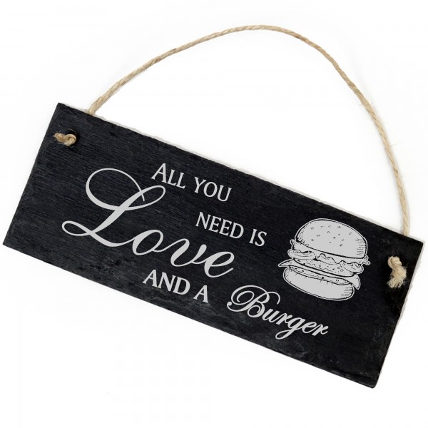 Schiefertafel Deko Burger Schild 22 x 8 cm - All you need is Love and a Burger