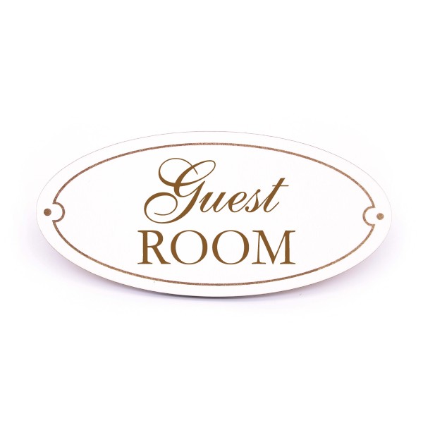 Guest Room Schild Holz weiß graviert oval selbstklebend Türschild englisch Gästezimmer 15 x 7 cm