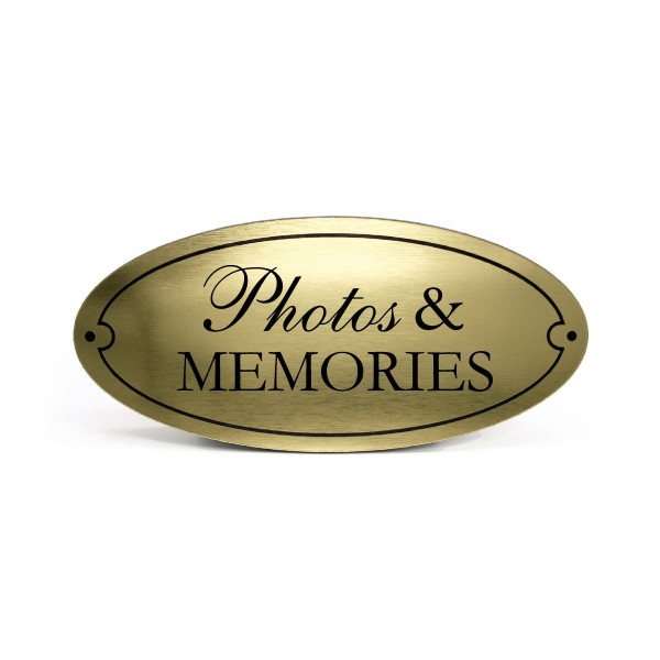 Photos & Memories Schild Kunststoff gold graviert oval selbstklebend Erinnerungen Deko 15 x 7 cm