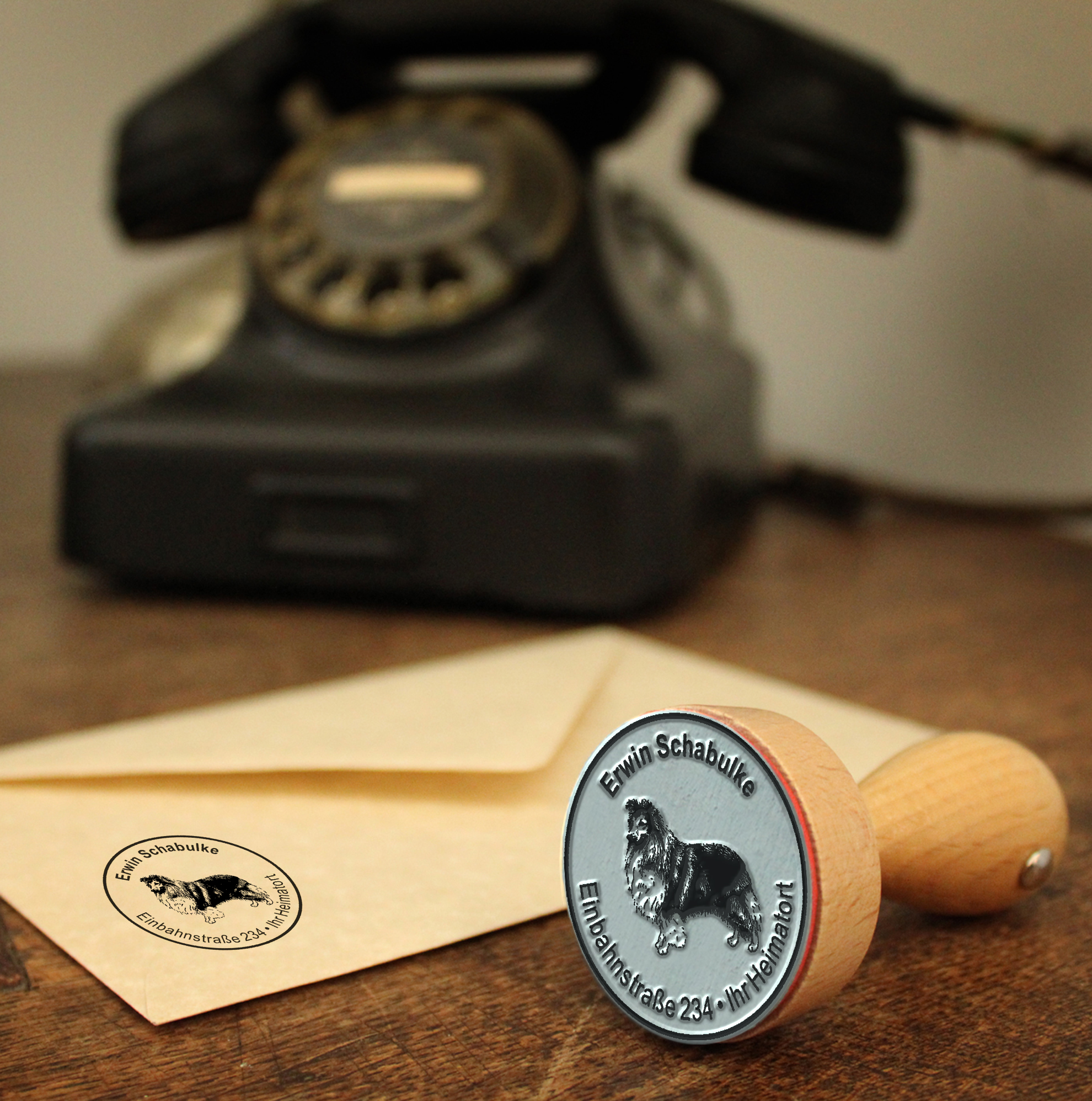 Holzstempel personalisiert mit Adresse Adressstempel Shetland Sheepdog Ø 40 