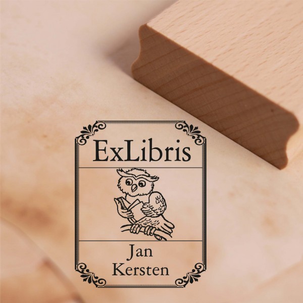 Ex Libris Stempel Lesende Eule mit Name - Vintage Rahmen - Exlibris Motivstempel 38 x 48 mm