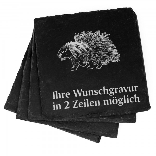 4x Stachelschwein Deko Schiefer Untersetzer Wunschgravur Set - 11 x 11 cm