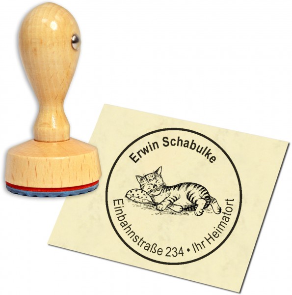 Stempel Adressstempel Holzstempel - niedliche Katze auf Kissen - rund 40mm
