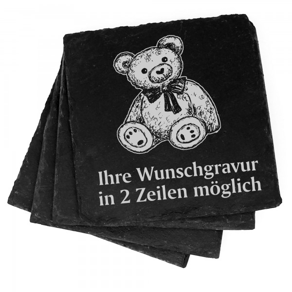 4x niedlicher Teddy Deko Schiefer Untersetzer Wunschgravur Set - 11 x 11 cm