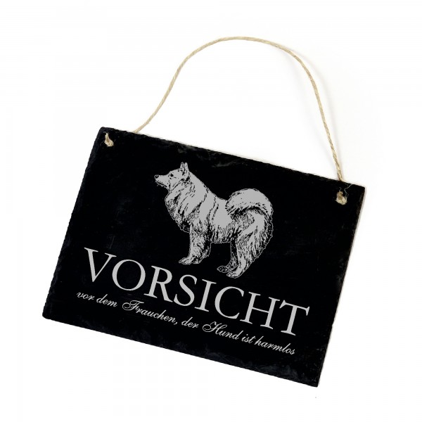 Hundeschild Spitz Schild aus Schiefer - Vorsicht vor dem Frauchen - 22cm x 16cm