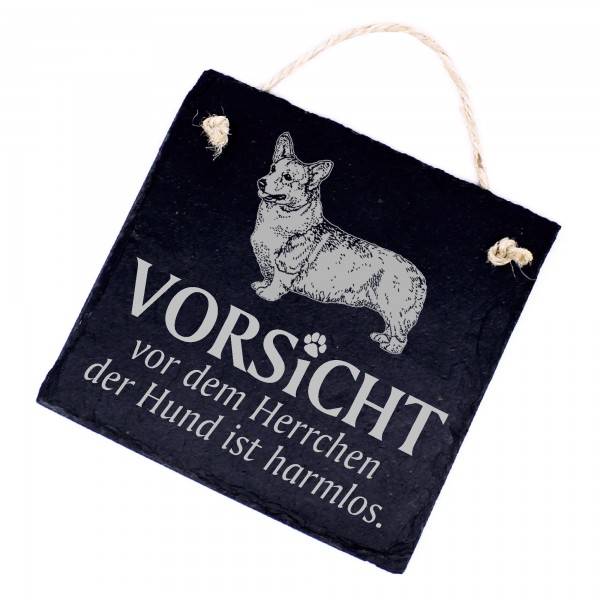 Hundeschild Welsh Corgi Pembroke Schild aus Schiefer - Vorsicht vor dem Herrchen - 11cm x 11cm