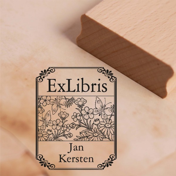 Ex Libris Stempel Schmetterlinge und Blumen mit Name - Vintage Rahmen - Exlibris Motivstempel