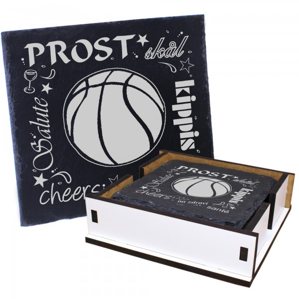 5 x Schiefer Untersetzer - Prost Basketball - inkl. Holzbox & Flaschenuntersetzer