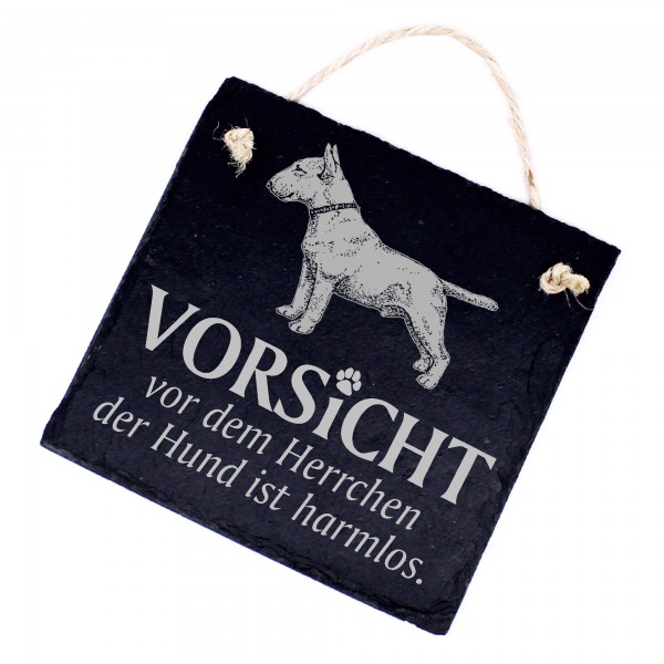 Hundeschild Bullterrier Schild aus Schiefer - Vorsicht vor dem Herrchen - 11cm x 11cm