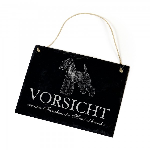 Hundeschild Kerry Blue Terrier Schild aus Schiefer - Vorsicht vor dem Frauchen - 22cm x 16cm