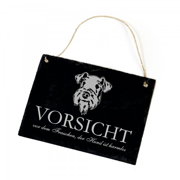 Hundeschild Airedale Terrier Schild aus Schiefer - Vorsicht vor dem Frauchen - 22cm x 16cm