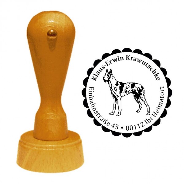 Adressstempel Deutsche Dogge - Holzstempel personalisiert mit Adresse - Ø 40 mm
