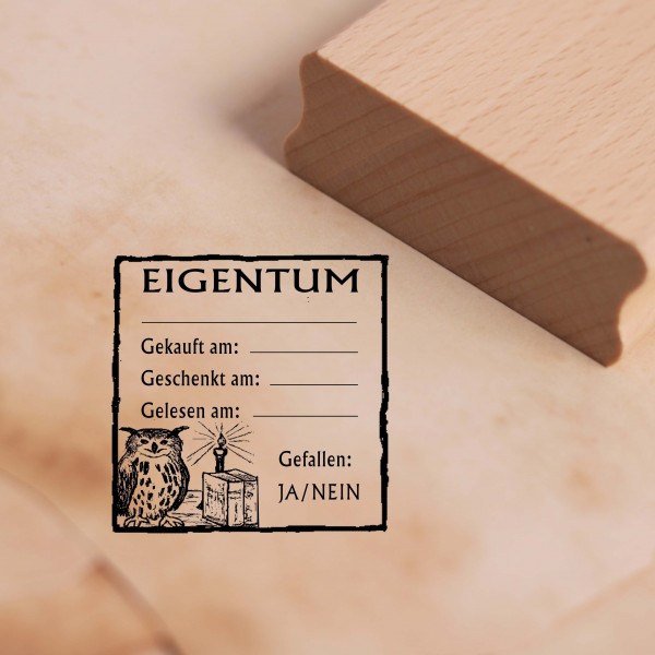 Motivstempel Eigentum Exlibris - zum Ausfüllen - Buchstempel Eule Stempel Holzstempel 48 x 48 mm