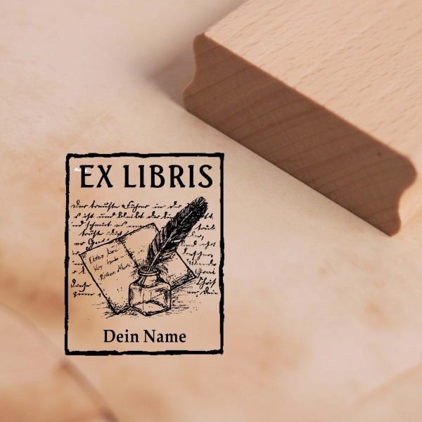 Ex Libris Stempel mit Name - Brief, Tintenfass und alte Schrift Exlibris Motivstempel 38 x 48 mm