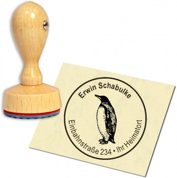 Stempel Adressstempel Holzstempel - Pinguin Königspinguin - rund 40mm