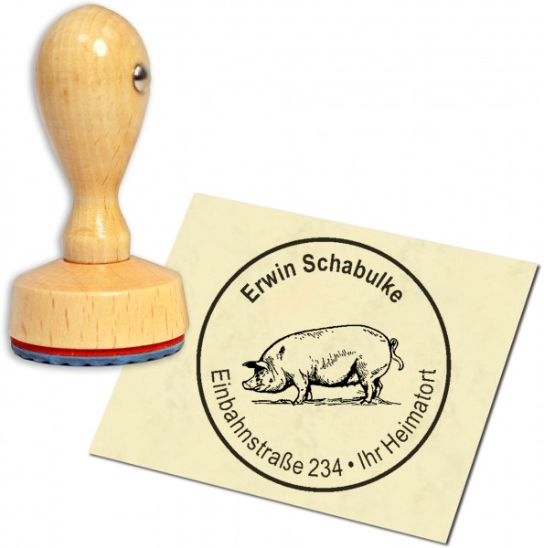 Stempel Adressstempel Holzstempel - Schwein - rund 40mm