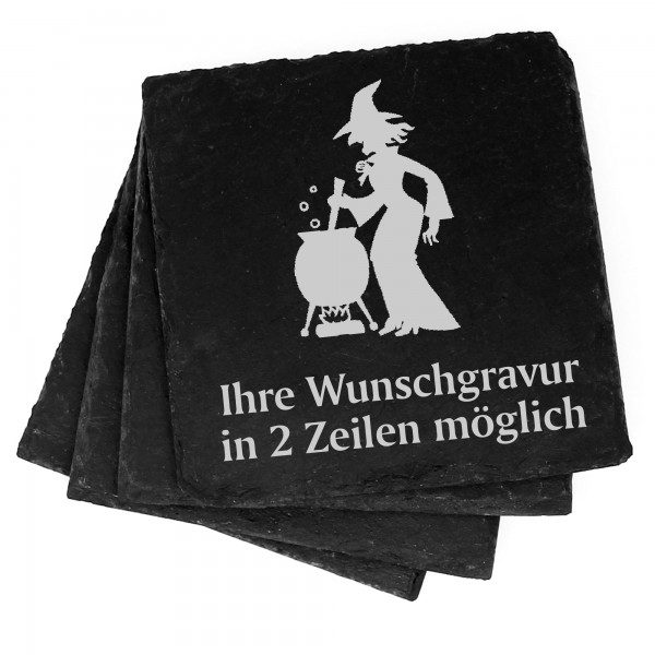 4x Hexe am Kessel Deko Schiefer Untersetzer Wunschgravur Set - 11 x 11 cm
