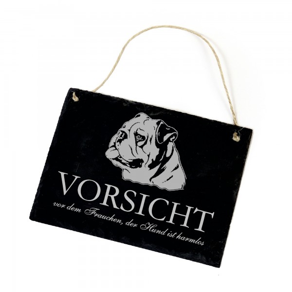 Hundeschild englische Bulldogge Schild aus Schiefer - Vorsicht vor dem Frauchen - 22cm x 16cm