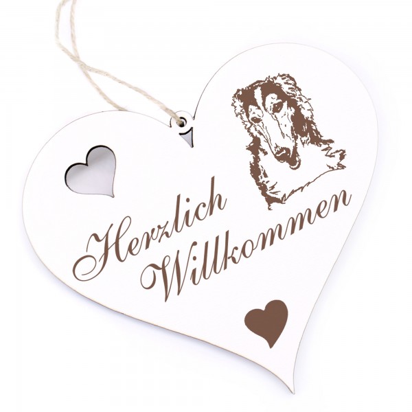 Herzlich Willkommen Schild - Windhund Barsoi - Deko Herz Holz