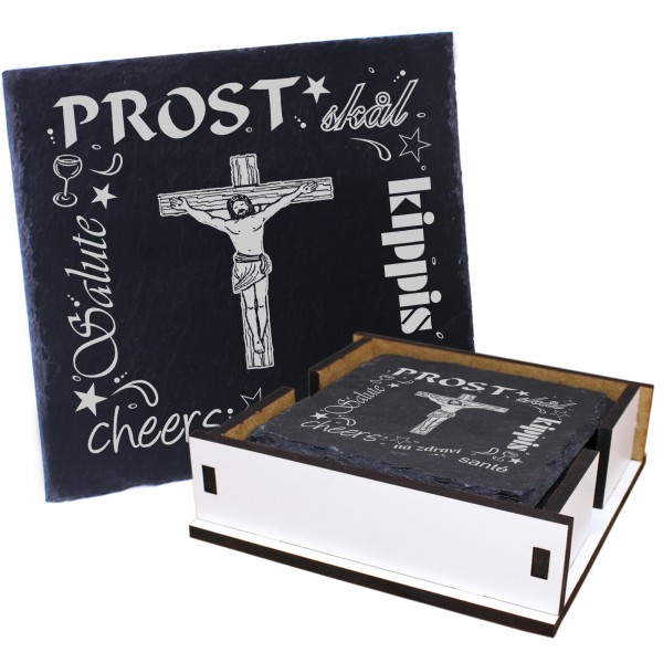 5 x Schiefer Untersetzer - Prost Jesus - inkl. Holzbox & Flaschenuntersetzer