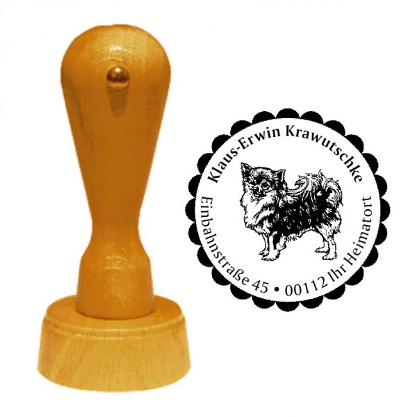 Adressstempel Chihuahua Langhaar - Holzstempel personalisiert mit Adresse - Ø 40 mm