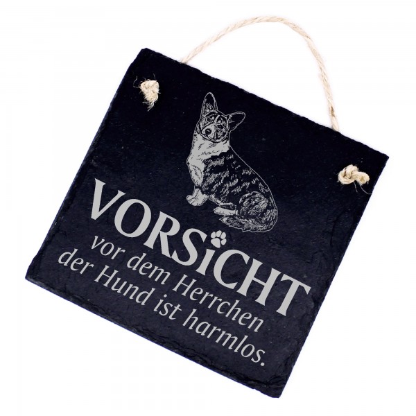 Hundeschild Welsh Corgi Cardigan Schild aus Schiefer - Vorsicht vor dem Herrchen - 11cm x 11cm
